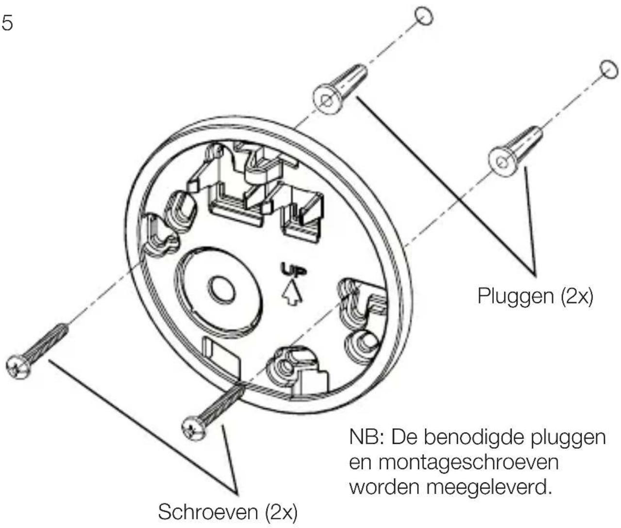 5 Pluggen (2x) Schroeven (2x) NB: De benodigde pluggen en montageschroeven worden meegeleverd.