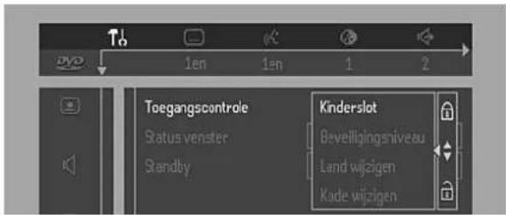 Toegangscontrole Status venster Standby Kinderslot Beveiligingsniveau Land wijzigen Kade wijzigen