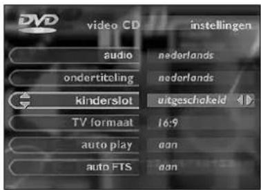 DVD video CD instellingen audio nederlands ondertiteling nederlands kinderslot utgeschakeld TV formaat 16:9 auto play aan auto FTS aan