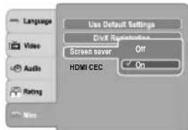 Language Video Audio Rating Use Default Settings Disk Repetition Screen saver Off HDMI CEC On