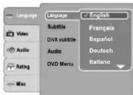 Language English Subtile Français Video DivX subtitle Español Audio Deutsch Rating DVD Menu Italiano Misc