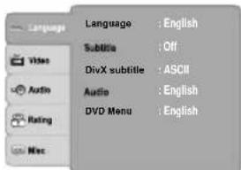 Language : English Subtitle : Off DivX subtitle : ASCII Audio : English DVD Menu : English