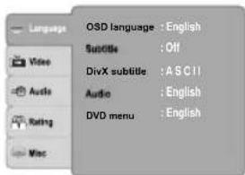 Language Video Audio Rating Mac OSD language : English Subtitle : Off DivX subtitle : A S C I I Audio : English DVD menu : English