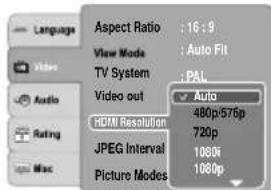 Language Aspect Ratio : 16:9 View Mode : Auto Fit TV System : PAL Video out Auto 480p/576p HDMI Resolution 720p JPEG Interval 1080p Picture Modes 1080p