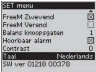 SET menu FreeM Zwevend FreeM Verend Balans knoopsgaten 1 Hoorbaar alarm Contrast 0 Taal Nederlands SW ver 01218 00378