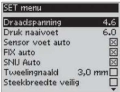 SET menu Draadspanning 4.6 Druk naaivoet 6.0 Sensor voet auto FIX auto SNIJ Auto Tweelingnaald 3,0 mm Steekbreedte veilig