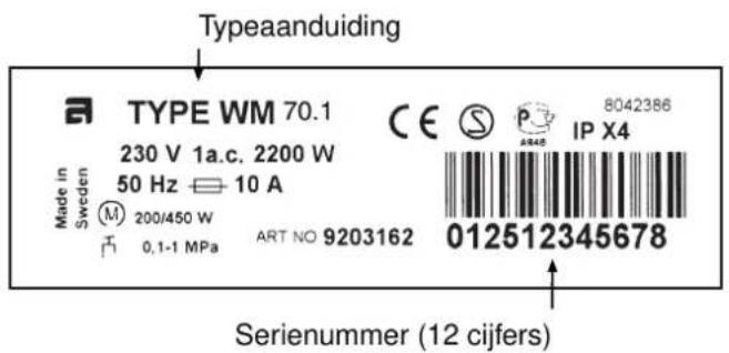 Typeaanduiding TYPE WM 70.1 230 V 1a.c. 2200 W 50 Hz 10 A Made in Sweden M 200/450 W 0,1-1 MPa ART NO 9203162 8042386 IP X4 012512345678 Serienummer (12 cijfers)