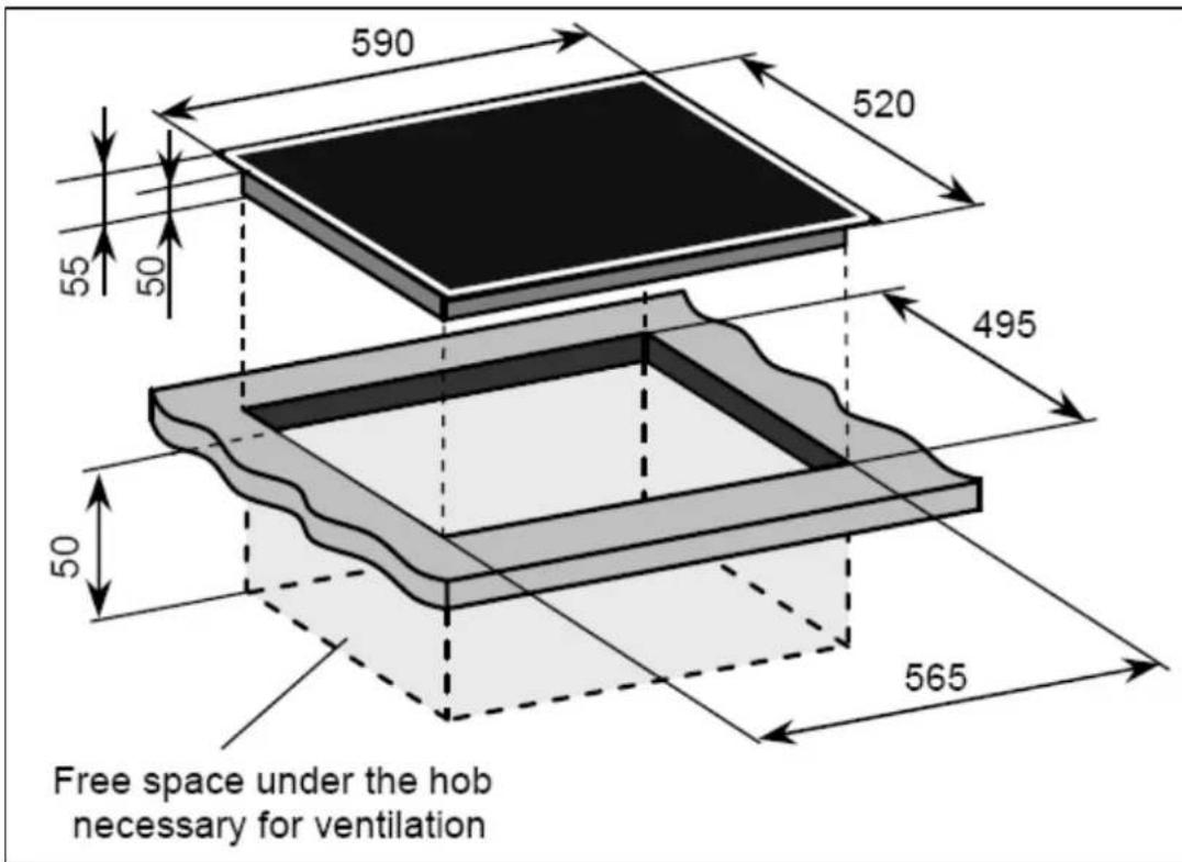 590 520 55 50 495 50 565 Free space under the hob necessary for ventilation