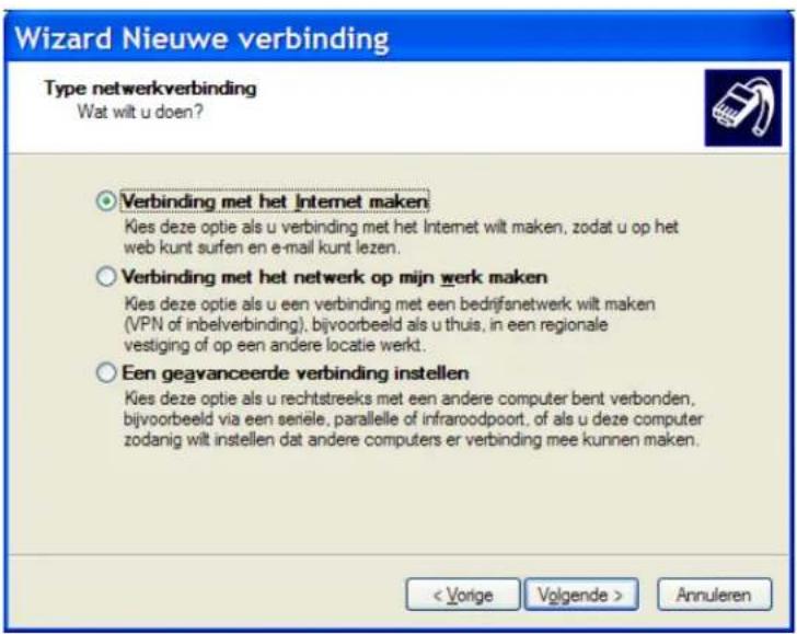 Wizard Nieuwe verbinding Type netwerkverbinding Wat wilt u doen? ○ Verbinding met het Internet maken Kies deze optie als u verbinding met het Internet wilt maken, zodat u op het web kunt surfen en e-mail kunt lezen. ○ Verbinding met het netwerk op mijn werk maken Kies deze optie als u een verbinding met een bedrijfsnetwerk wilt maken (VPN of inbelverbinding), bijvoorbeeld als u thuis, in een regionale vestiging of op een andere locatie werkt. ○ Een geavanceerde verbinding instellen Kies deze optie als u rechtstreeks met een andere computer bent verbonden, bijvoorbeeld via een seriele, parallele of infraroodpoort, of als u deze computer zodanig wilt instellen dat andere computers er verbinding mee kunnen maken. < Vorige Volgende > Annuleren