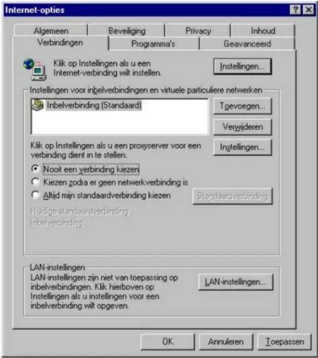 Internet-opties Algemeen Beveiliging Privacy Inhoud Verbindingen Programma's Geavanceerd Klik op Instellingen als u een Internet-verbinding wilt instellen. Instellingen... Inbelverbinding (Standaard) Tgevoegen... Verywederen Klik op Instellingen als u een proxyserver voor een verbinding dient in te stellen. Nooit een verbinding kiezen Kiezen zodra er geen netwerkverbinding is Altijd mijn standaardverbinding kiezen Standaardverbinding Hurdige standaardverbinding Inbelverbinding LAN-instellingen LAN-instellingen zijn niet van toepassing op inbelverbindingen. Klik hierboven op Instellingen als u instellingen voor een inbelverbinding wilt opgeven. LAN-instellingen... OK Annuleren Toepassen