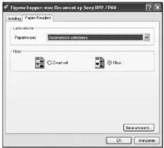 Eigenschappen voor Document op Sony D70 - FP60 Indaling Paper/Kwalitet Ladieselöchte Paperinvoer Automatisch selekten Kleur Zmarhyl Kleur Beavanceerd. OK Annulaten