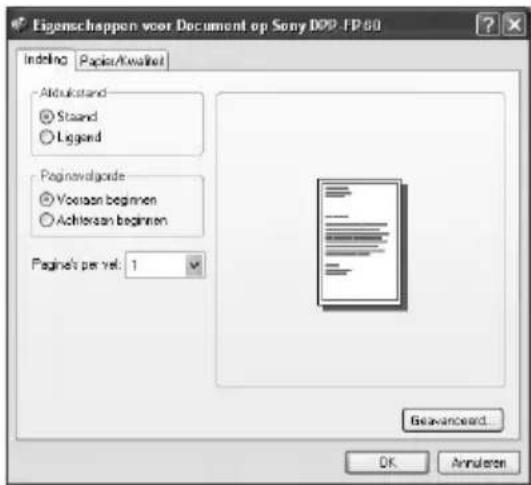 Eigenschappen voor Document op Sony DPP FP-80 Indling Paper/Akwalert Aldukstand ○ Stand ○ Liggard Pagenavalgorde ○ Vorsien beginnen ○ Achloraan beginnen Pageln's per vel: 1 Geavanceerd... OK Annulaten