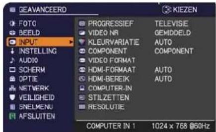 GEAVANCEERD FOTO BEELD INPUT INSTALLING AUDIO SCHERM OPTIE NETWORK VEILIGHEID SNELMENU AFSLUITEN PROGRESSIEF VIDEO NR KLEURVARIATIE COMPONENT VIDEO FORMAT HDM-FORMAAT HDMI-BEREIK COMPUTER-IN STILZETTEN RESOLUTIE TELEVISE GEMIDDELD AUTO COMPONENT AUTO AUTO COMPUTER IN 1 1024 x 768 @60Hz