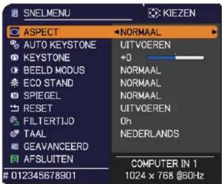 SNELMENU KIEZEN ASPECT NORMAAL AUTO KEYSTONE KEystone BEELD MODUS ECO STAND SPIEGEL RESET FILTERTIJD TAAL GEAVANCEERD AFSLUITEN 012345678901 UITVOEREN +0 NORMAAL NORMAAL NORMAAL UITVOEREN Oh NEDERLANDS COMPUTER IN 1 1024 x 768 @60Hz