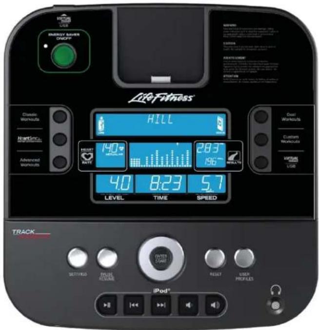 LifeFitness® HILL 140 28.3 196 4.0 8:23 5.7 LEVEL TIME SPEED Tracking Failure RESET USER Profiles iPod®