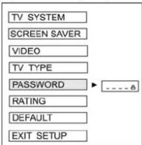 TV SYSTEM SCREEN SAVER VIDEO TV TYPE PASSWORD RATING DEFAULT EXIT SETUP