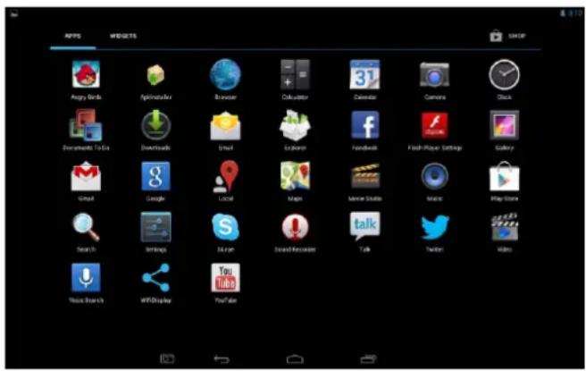 APPS WIGSETS SHOP Angry Birds Aptimatrix Browser Calculator Calendar Camera Clock Documents Tools Downloads Gmail Explorer Facebook Flash Player Settings Gallery Gmail Google Local Maps Market Status Music Play Options Search Settings NLP Sound Recorder Talk Twitter Video Mouse Search With Display YouTubTok