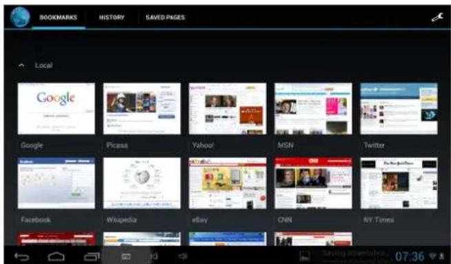 BOOKMARKS HISTORY SAVED PAGES Local Google Picass Yahoo! MSN Twitter Facebook Wikipedia eBay CNN NY Times