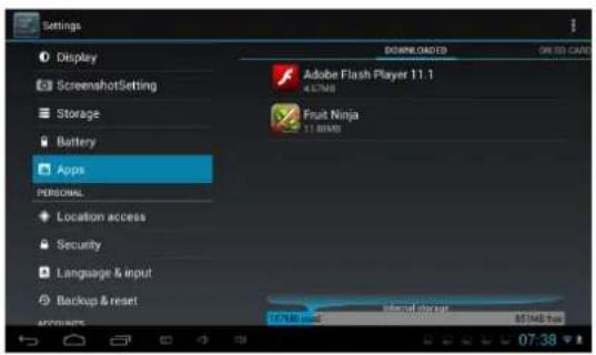 Settings Display ScreenshotSetting Storage Battery Apps PERSONAL Location access Security Language & input Backup & reset Accounts DOUBLE OATED OR USED CABLE Adobe Flash Player 11.1 4.57MB Fruit Ninja 11.0000 167MB pad 85MB free 07:38