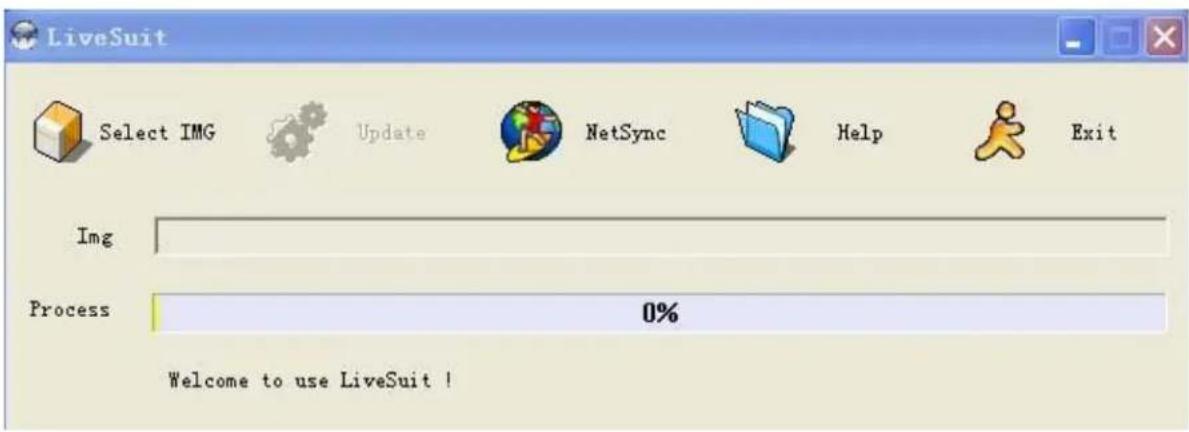 LiveSuit Select IMG Update NetSync Help Exit Img Process 0% Welcome to use LiveSuit !
