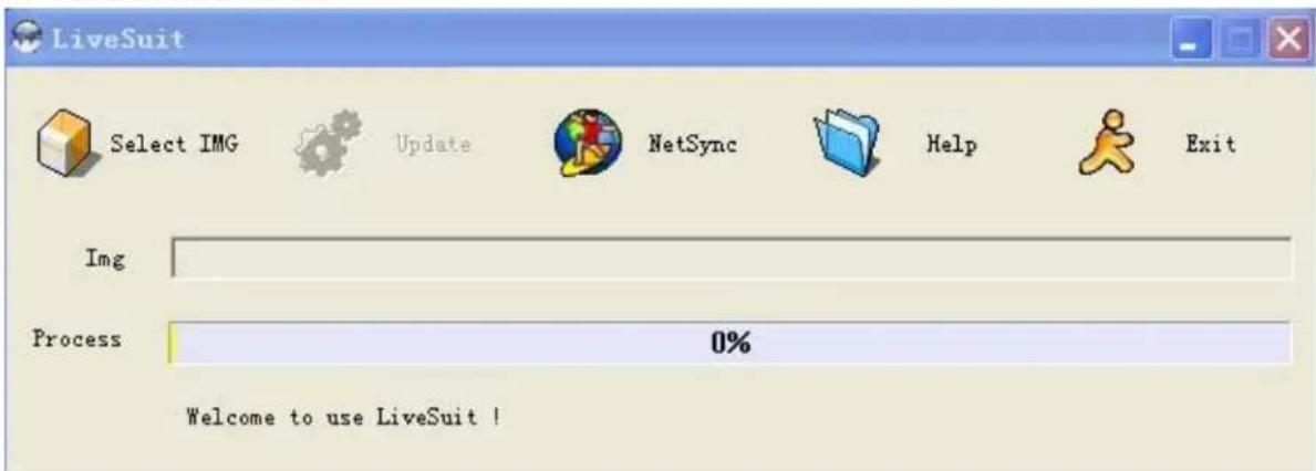 LiveSuit Select IMG Update NetSync Help Exit Img Process 0% Welcome to use LiveSuit !