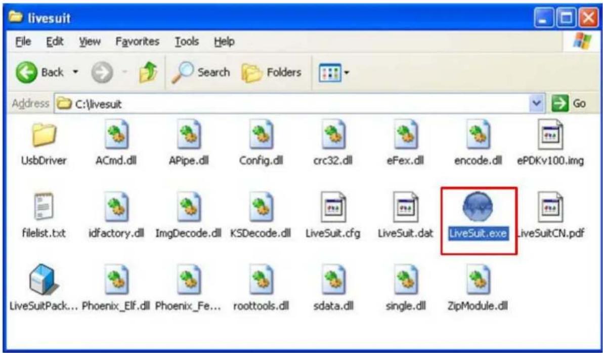 livesuit File Edit View Favorites Tools Help Back Search Folders Address C:\livesuit Go UsbDriver ACmd.dll APIpe.dll Config.dll crc32.dll eFex.dll encode.dll ePDKv100.img filelist.txt idfactory.dll ImgDecode.dll KSDecode.dll LiveSuit.cfg LiveSuit.dat LiveSuit.exe LiveSuitCN.pdf LiveSuitPack... Phoenix_Elf.dll Phoenix_Fe... roottools.dll sdata.dll single.dll ZipModule.dll