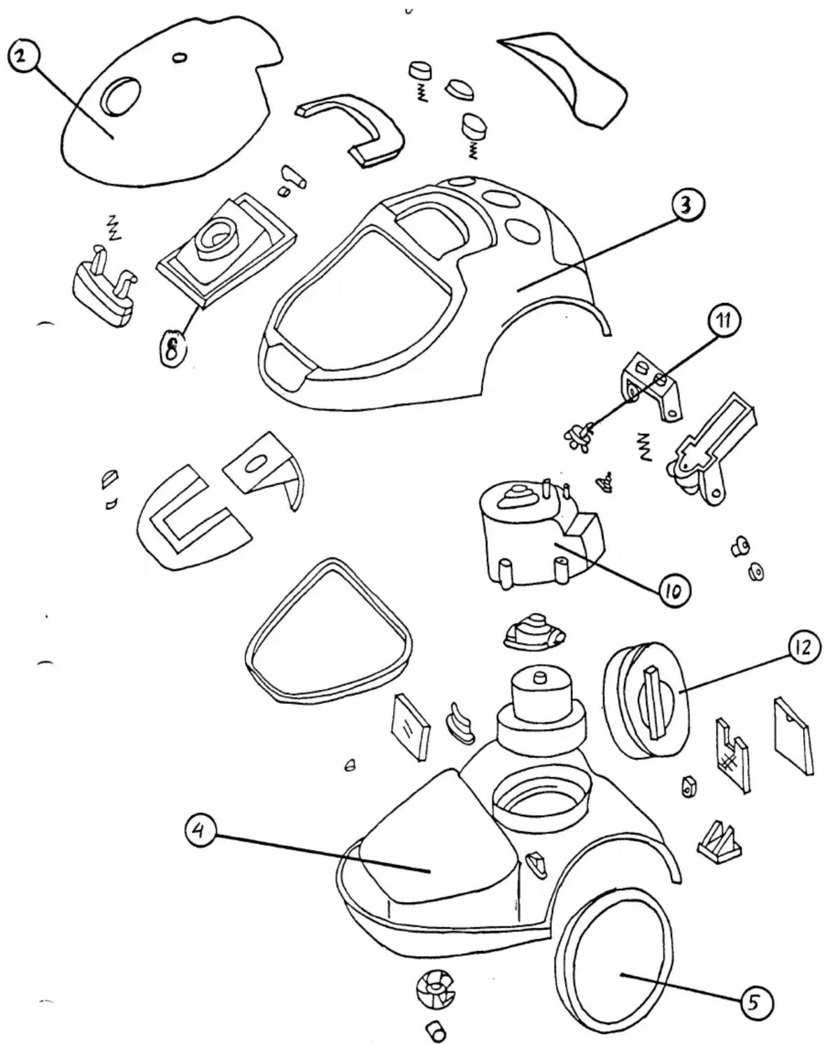 Exploded view diagram of a vacuum cleaner with numbered parts for identification