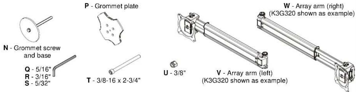 N - Grommet screw and base Q - 5/16" R - 3/16" S - 5/32" P - Grommet plate T - 3/8-16 x 2-3/4" U - 3/8" V - Array arm (left) (K3G320 shown as example) W - Array arm (right) (K3G320 shown as example)