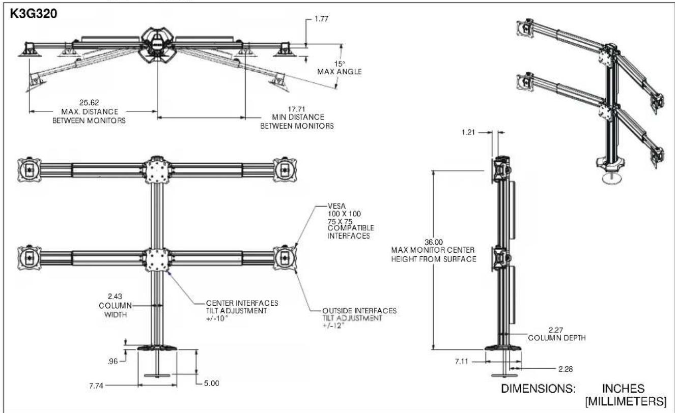 K3G320 1.77 MAX ANGLE 25.62 MAX. DISTANCE BETWEEN MONITORS 17.71 MIN DISTANCE BETWEEN MONITORS 2.43 COLUMN WIDTH CENTER INTERFACES TILT ADJUSTMENT +/-10° 96 7.74 5.00 15° VESA 100 X 100 75 X 75 COMPATIBLE INTERFACES OUTSIDE INTERFACES TILT ADJUSTMENT +/-12° 36.00 MAX MONITOR CENTER HEIGHT FROM SURFACE 2.27 COLUMN DEPTH 7.11 2.28 DIMENSIONS: INCHES [MILLIMETERS]