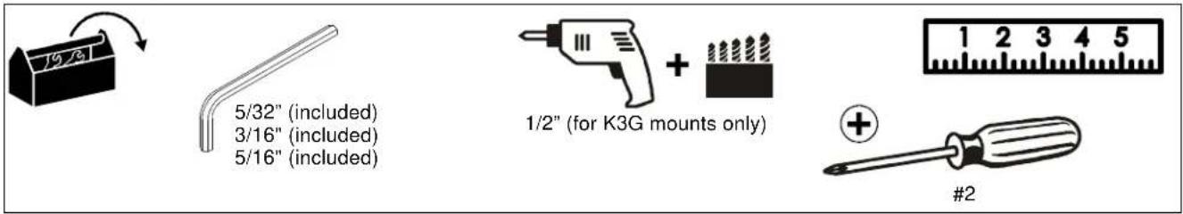 5/32" (included) 3/16" (included) 5/16" (included) 1/2" (for K3G mounts only) #2