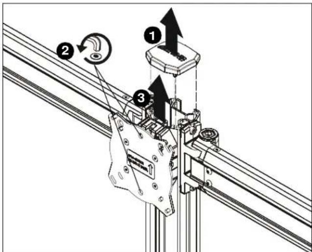 Technical diagram showing mechanical assembly with numbered components and directional arrows indicating motion or assembly steps.