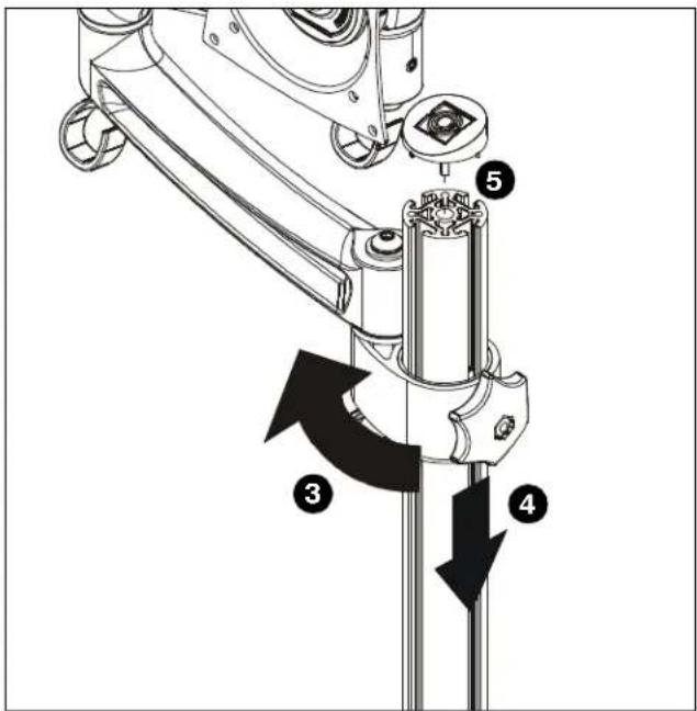 Technical diagram of a mechanical assembly with numbered components and directional arrows indicating motion or force directions.