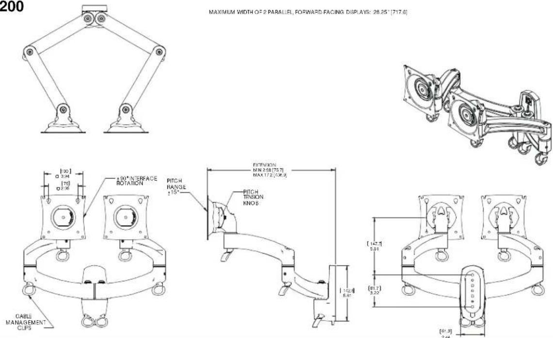 200 MAXIMUM WIDTH OF 2 PARALLEL, FORWARD FACING DISPLAYS: 28.25" [717.6] [100] [3.94] [76] [2.16] +80° INTERFACE ROTATION PITCH RANGE ±10° EXTENSION MIN 2.58 (75.7) MAX 17.2 (536.9) PITCH TENSION KNO 5 CABLE MANAGEMENT CLPS [147.7] 5.81 [81.7] 3.22 [61.9] 2.44