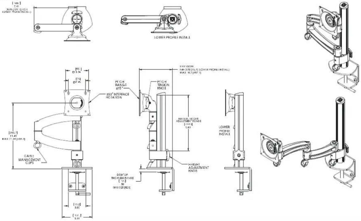 [100] 7.41 [80] [29] [1153] 120MH (RIGHT) (R6/4) LOWER PROFILE INSTALL NO. D 3.24 [75] D 2.25 PICH RANGE ±15° 180° INTERFACE ROTATION EXHORIZN MIN 2.78 [75,7] (LOWER PROFILE INSTALL) MAX 18.2 [187,7] PICH TENSION KNO3 MANUAL HEIGHT ADJUSTMENT RANGE [244,8] 5.83 HEIGHT ADJUSTMENT KNO3 GABLE MANAGEMENT CUPS [266,3] 11.41 MAX 21.04 [134,2] DESKTOP THICK/BASS RANGE [12] 50 MAX 3.25 [R2,5] LOWER PROFILE INSTALL [12d] 3.00 [131,1] 5.15