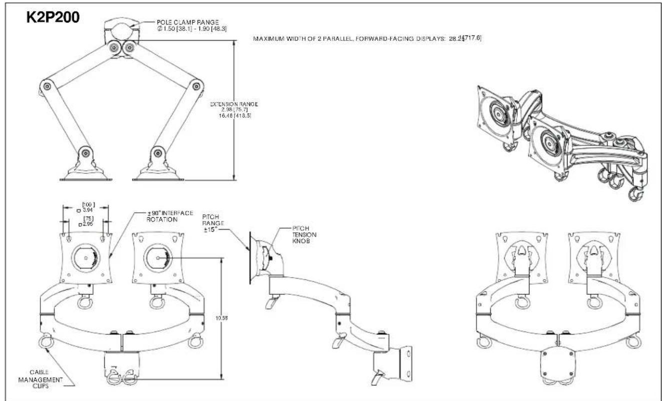 K2P200 POLE CLAMP RANGE Ø 1.50 [38.1] - 1.90 [48.3] MAXIMUM WIDTH OF 2 PARALLEL, FORWARD-FACING DISPLAYS: 28.24 [717.6] EXTENSION RANGE 2.98 (75.7) 16.48 (418.5) [100] Ø 3.94 [75] Ø 2.96 ±90° INTERFACE ROTATION PITCH RANGE ±15° PITCH TENSION KNOB CABLE MANAGEMENT CUPS