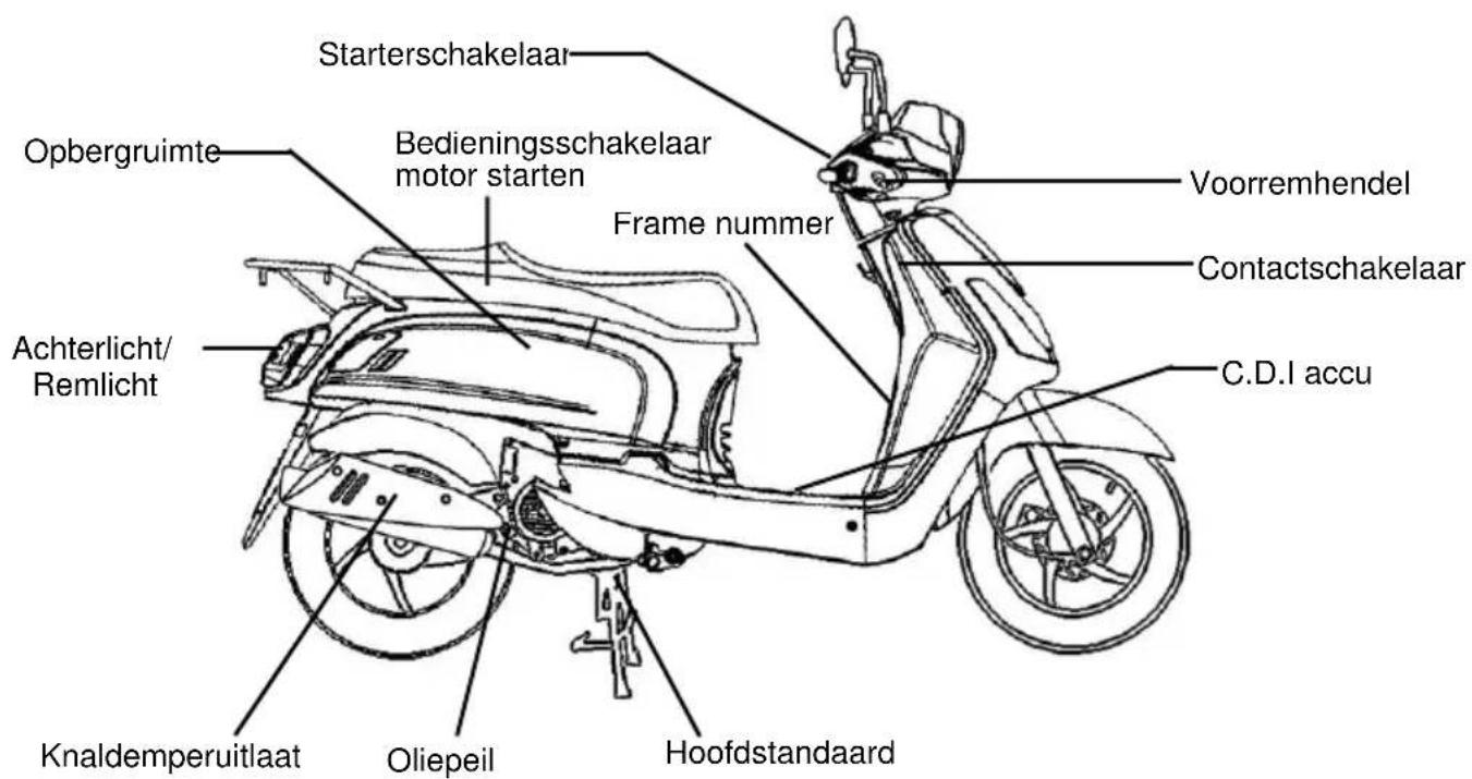 Starterschakelaar Opbergruimte Bedieningsschakelaar motor starten Frame nummer Voorremhendel Contactschakelaar C.D.I accu Achterlicht/ Remlicht Knaldemperuitlaat Oliepeil Hoofdstandaard