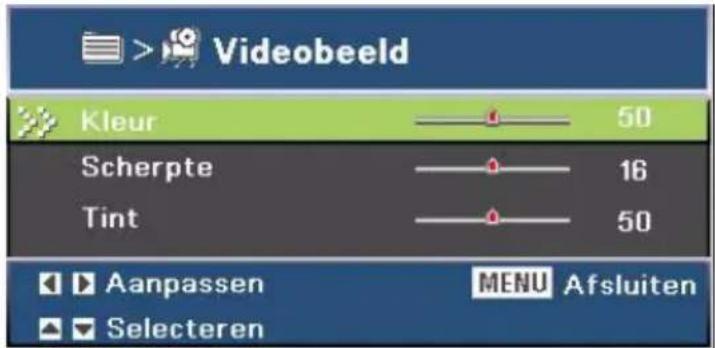 Videobeld Kleur 50 Scherpte 16 Tint 50 Aanpassen MENU Afsluiten Selecteren