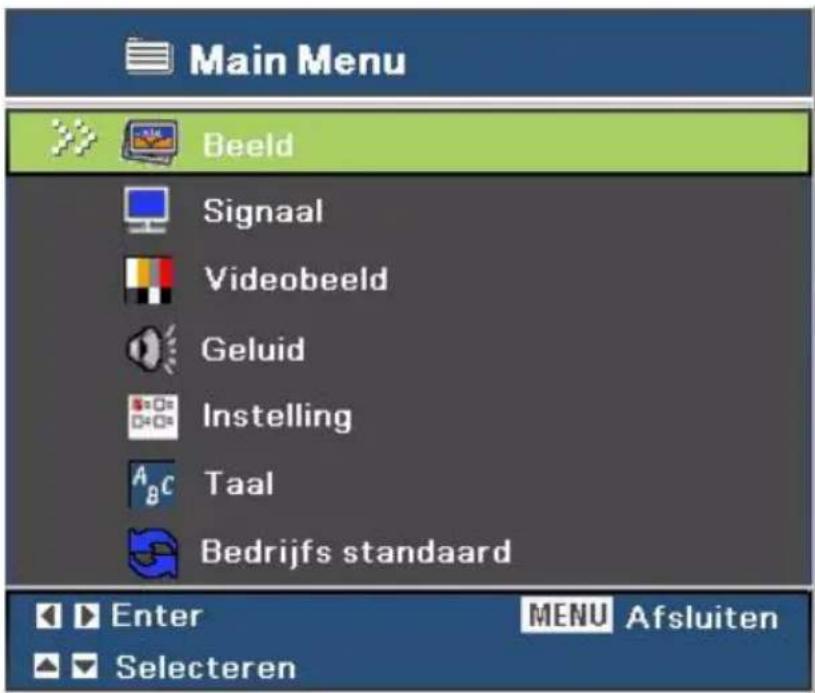 Main Menu Beeld Signaal Videobeeld Geluid Instelling Taal Bedrijfs standaard Enter MENU Afsluiten Selecteren