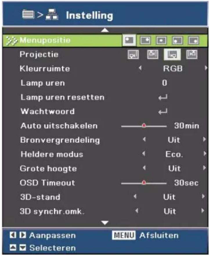Instelling Menupositie Projectie Kleurruimte RGB Lamp uren 0 Lamp uren resetten Wachtwoord Auto uitschakelen —— 30min Bronvergrendeling Uit Heldere modus Eco. Grote hoogte Uit OSD Timeout —— 30sec 3D-stand Uit 3D synchr.omk. Uit Aanpassen MENU Afsluiten Selecteren