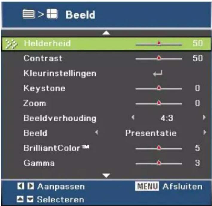 Beeld Helderheid 50 Contrast 50 Kleurinstellingen Keystone 0 Zoom 0 Beeldverhouding 4:3 Beeld Presentatie BrilliantColor™ 5 Gamma 3 Aanpassen MENU Afsluiten Selecteren