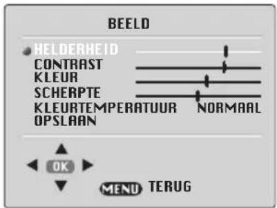 BEELD • HELDERHEID CONTRAST KLEUR SCHERPTE KLEURTEMPERATUUR OPSLAAN NORMAAL OK MENU TERUG