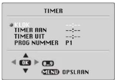 TIMER KLOK -------------- TIMER AAN -------------- TIMER UIT -------------- PROG NUMMER P1 OK 0..9 MENU OPSLAAN