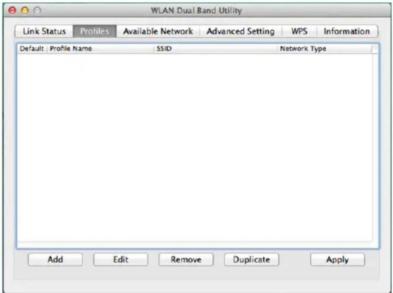 WLAN Dual Band Utility Link Status Profiles Available Network Advanced Setting WPS Information Default Profile Name SSID Network Type Add Edit Remove Duplicate Apply