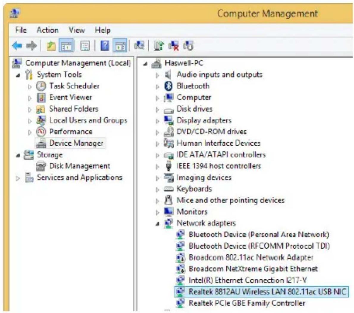 Computer Management File Action View Help Computer Management (Local) System Tools Task Scheduler Event Viewer Shared Folders Local Users and Groups Performance Device Manager Storage Disk Management Services and Applications Haswell-PC Audio inputs and outputs Bluetooth Computer Disk drives Display adapters DVD/CD-ROM drives Human Interface Devices IDE ATA/ATAPI controllers IEEE 1394 host controllers Imaging devices Keyboards Mice and other pointing devices Monitors Network adapters Bluetooth Device (Personal Area Network) Bluetooth Device (RFCOMM Protocol TDI) Broadcom 802.11ac Network Adapter Broadcom NetXtreme Gigabit Ethernet Intel(R) Ethernet Connection I217-V Realtek 8812AU Wireless LAN 802.11ac USB NIC Realtek PCIe GBE Family Controller