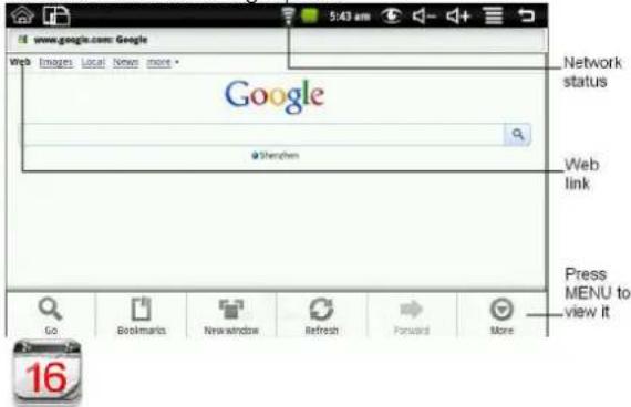 www.google.com: Google Web Images Local New more * Google @Sherchem Network status Web link Press MENU to view it Go Bookmarks New window Refresh Forward More 16