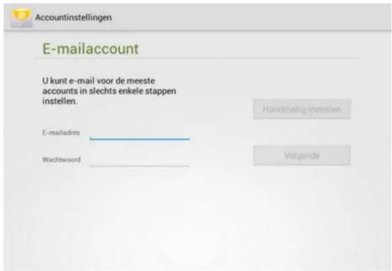 Accountinstellingen E-mailaccount U kunt e-mail voor de meeste accounts in slechts enkele stappen instellen. Handmatig instellen E-mailadres Wachtwood Volgende