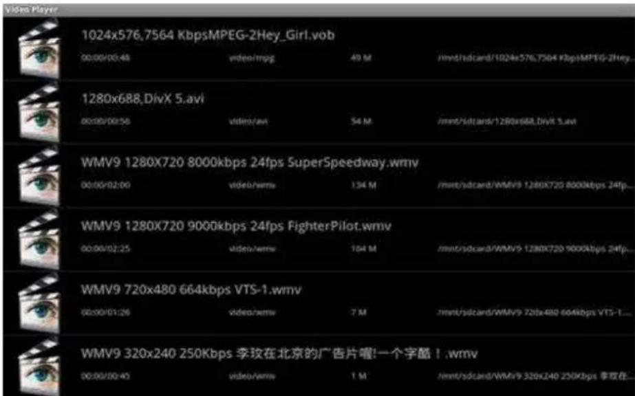 1024x576,7564 KbpsMPEG-2Hey_Girl.vob 00:00/00:48 video/mpg 49 M /mnt/sdcard/1024x576,7564 KbpsMPEG-2Hey_ 1280x688_DivX 5.avi 00:00/00:56 video/avi 54 M /mnt/sdcard/1280x688_DivX 5.avi WMV9 1280X720 8000kbps 24fps SuperSpeedway.wmv 00:00/02:00 video/wmv 134 M /mnt/sdcard/WMV9 1280X720 8000kbps 24fps... WMV9 1280X720 9000kbps 24fps FighterPilot.wmv 00:00/02:25 video/wmv 164 M /mnt/sdcard/WMV9 1280X720 9000kbps 24fps... WMV9 720x480 664kbps VTS-1.wmv 00:00/01:26 video/wmv 7 M /mnt/sdcard/WMV9 720x480 664kbps VTS-1... WMV9 320x240 250Kbps 李玟在北京的广告片喔!一个字酷 ! .wmv 00:00/00:43 video/wmv ! M /mnt/sdcard/WMV9 320x240 250Kbps 李玟在...