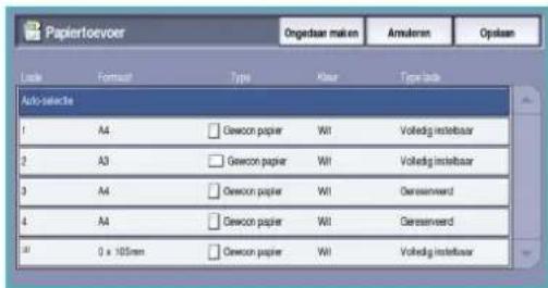 Papiertoevoer Linde Format Type Kleur Type1ade AutoSelects 1 A4 Gewoon papier WI Volledig instelbaar 2 A3 Gewoon papier WI Volledig instelbaar 3 A4 Gewoon papier WI Geraserveerd 4 A4 Gewoon papier WI Geraserveerd 50 0 x 105mm Gewoon papier WI Volledig instelbaar