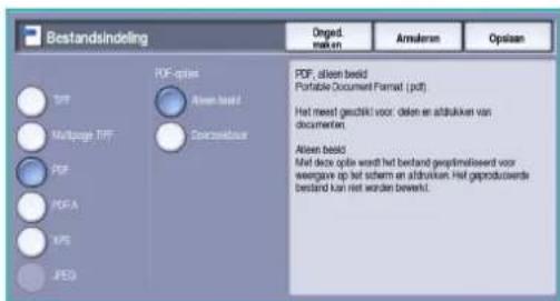 Bestandsindeling PDF options PF PF PDF PDF-A KPS AFES PF Alseen beeld Controllouer PDF, alleen beeld Portable Document Format (pdf) Het meed geakti voor: delen en aldrukken van documenten. Alseen beeld Het deze opta wordt het bestand geplimiseerd voor weergave op het scherm en aldrukken. Het geproduwende bestand kan niet worden bewert.