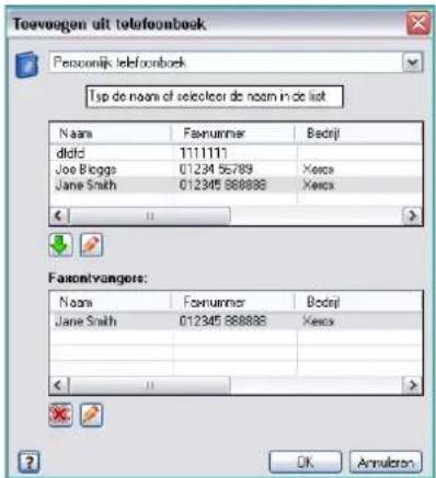 Toevogen uit telefoonbook Persoenijs telefoonbook Tsp de naam of selecteer de naam in de list Naam Faavnummer Bedrij dldid 1111111 Joe Bloggs 01234 55789 Xerox Jane Smith 012345 888886 Xerox Favantvangers: Naam Faavnummer Bedrij Jane Smith 012345 888886 Xerox OK Annuloren